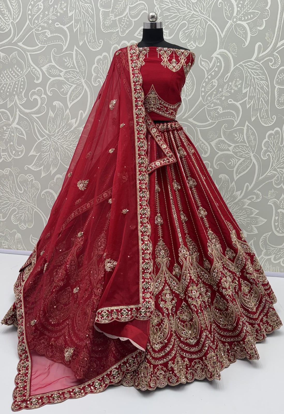 Red Silk Bridal Embroidered using Beads, Moti, Cotton Multi-Thread Handwork Semi-Stitched Lehenga Choli