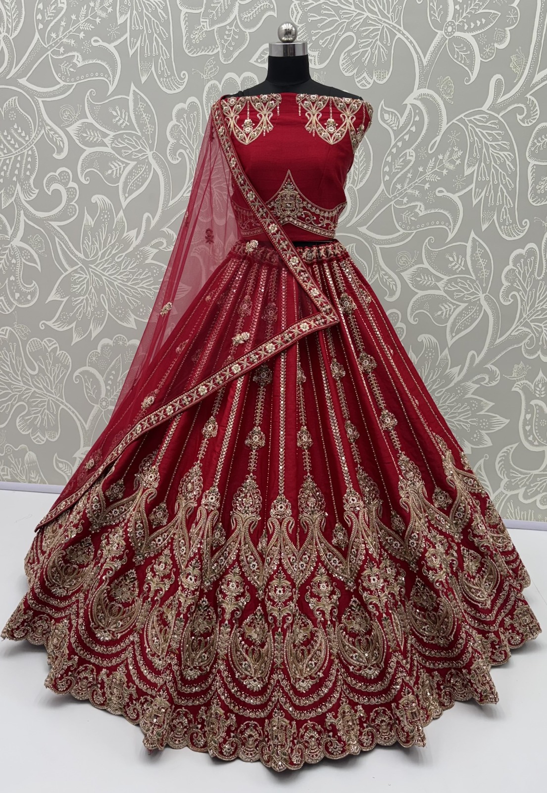 Red Silk Bridal Embroidered using Beads, Moti, Cotton Multi-Thread Handwork Semi-Stitched Lehenga Choli