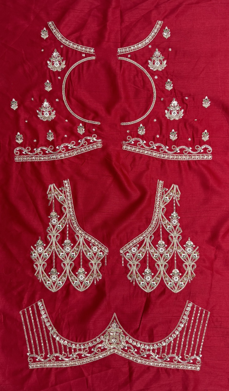 Red Silk Bridal Embroidered using Beads, Moti, Cotton Multi-Thread Handwork Semi-Stitched Lehenga Choli
