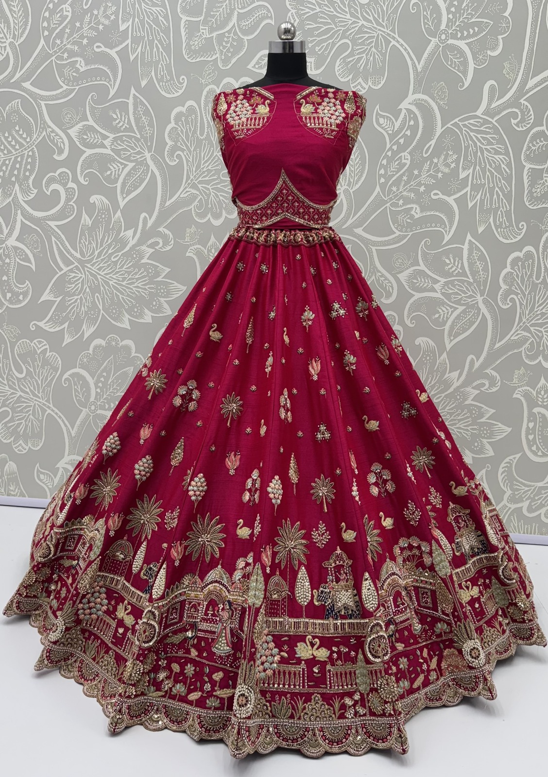 Rani-Pink Silk Ethnic Motif Handwork Golden Sequins-Thread Work Bridal Semi-Stitched Lehenga Choli