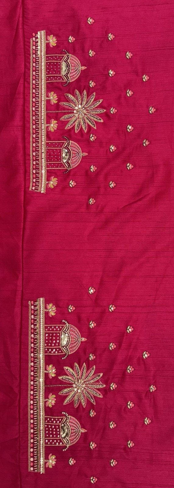 Rani-Pink Silk Ethnic Motif Handwork Golden Sequins-Thread Work Bridal Semi-Stitched Lehenga Choli