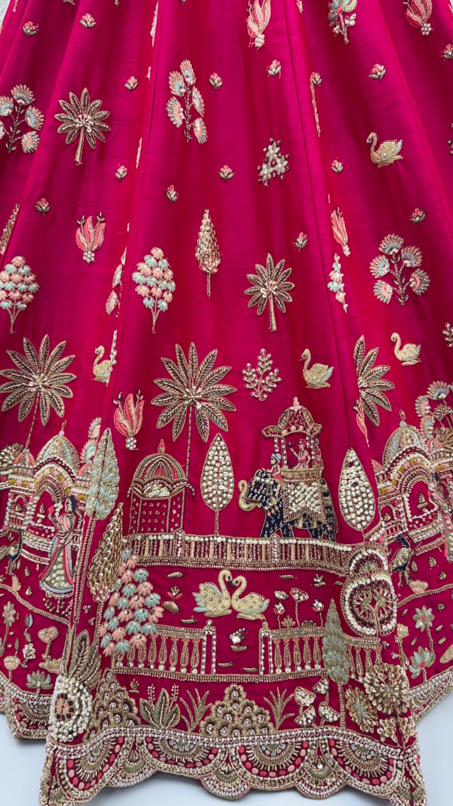 Rani-Pink Silk Ethnic Motif Handwork Golden Sequins-Thread Work Bridal Semi-Stitched Lehenga Choli