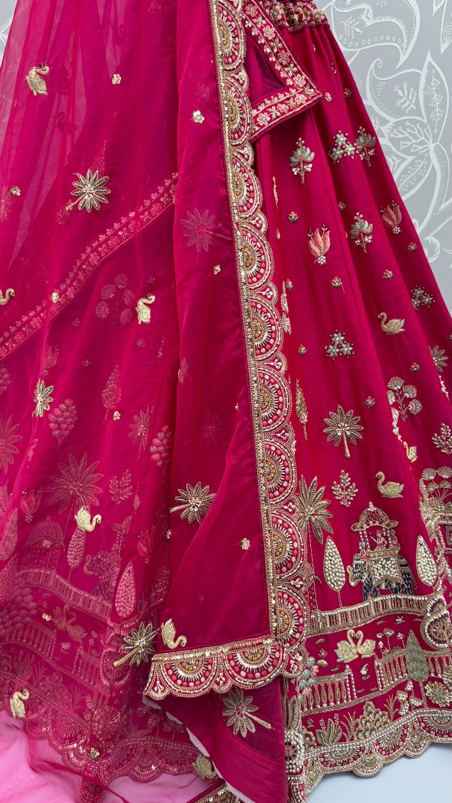 Rani-Pink Silk Ethnic Motif Handwork Golden Sequins-Thread Work Bridal Semi-Stitched Lehenga Choli