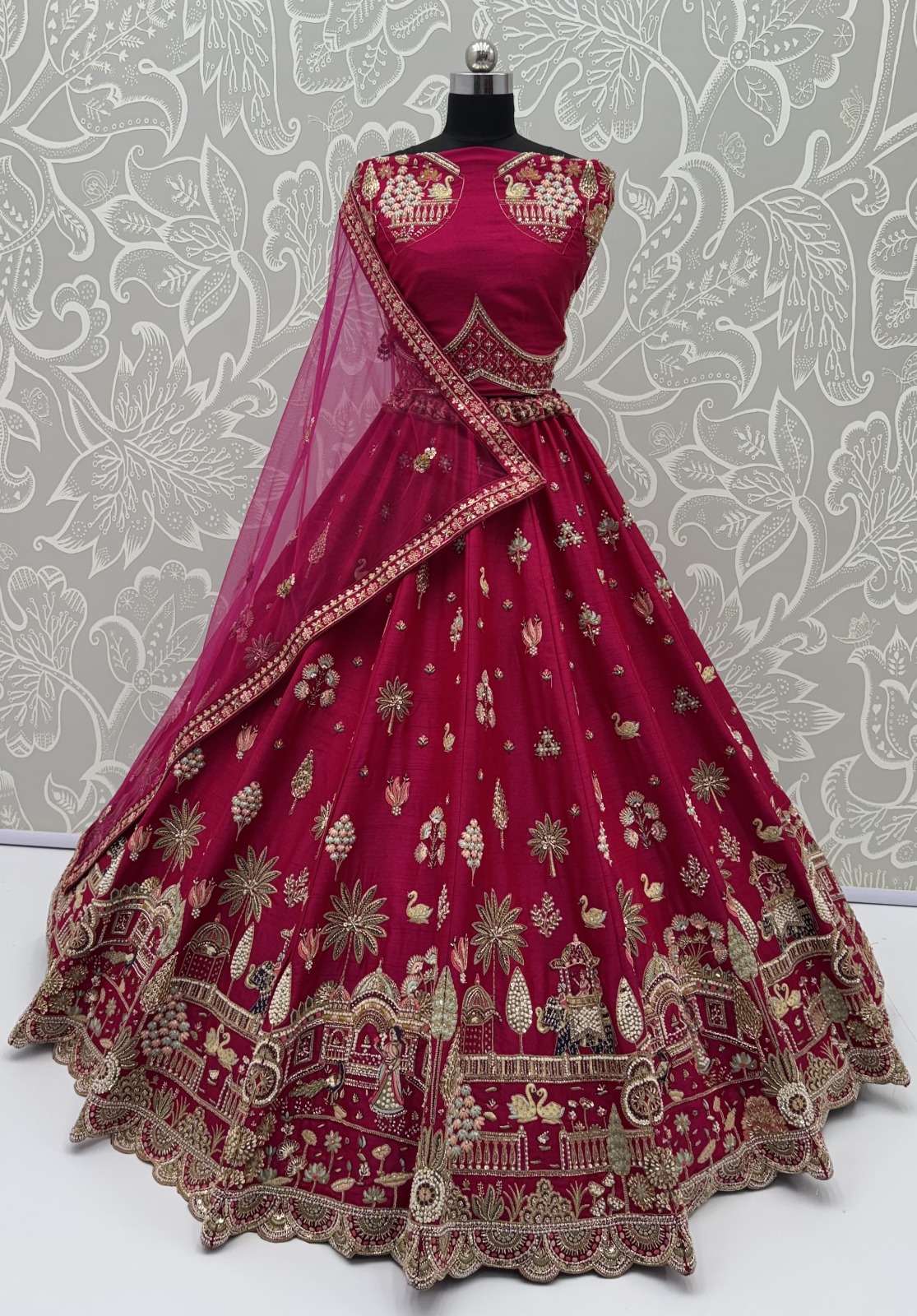 Rani-Pink Silk Ethnic Motif Handwork Golden Sequins-Thread Work Bridal Semi-Stitched Lehenga Choli