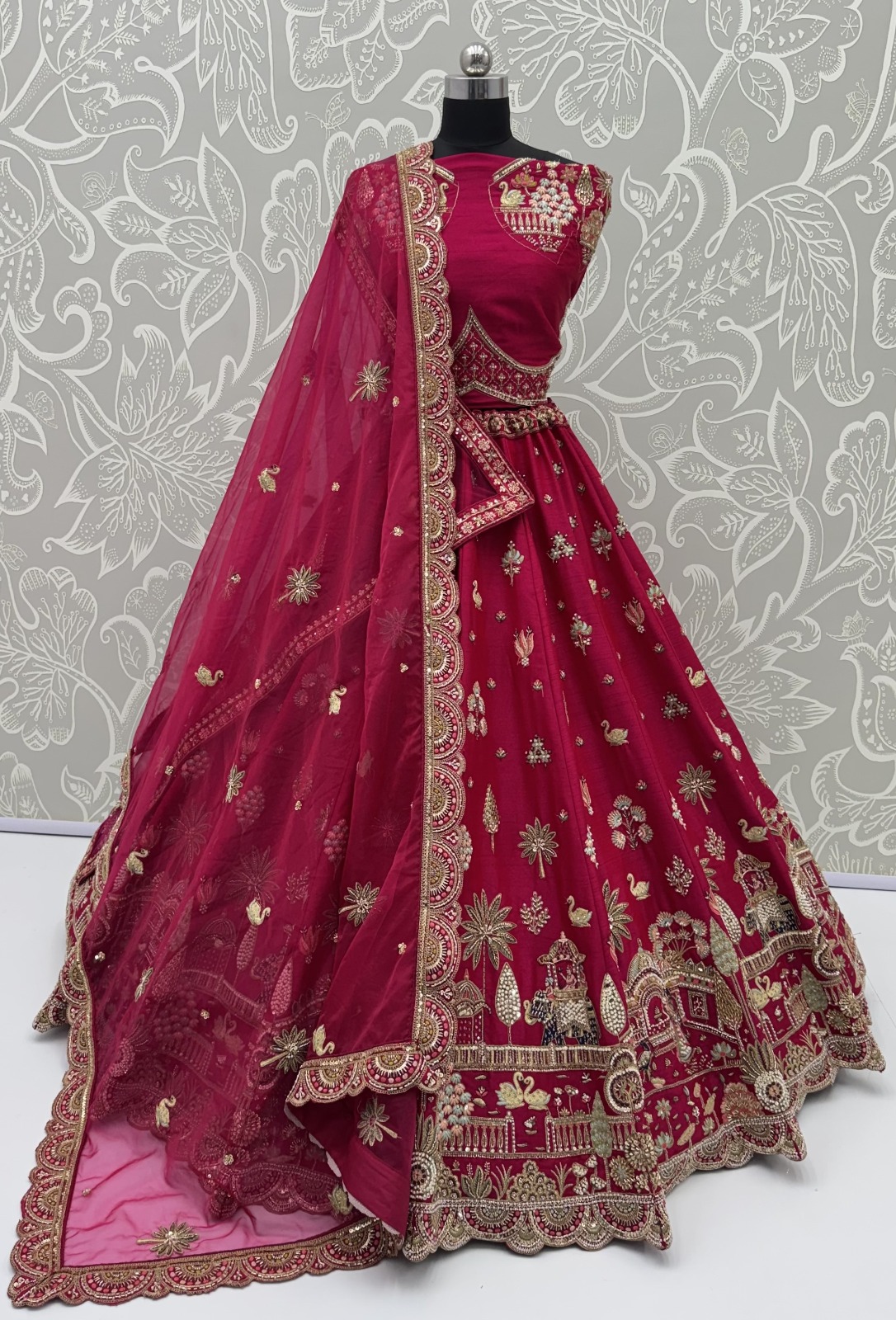 Rani-Pink Silk Ethnic Motif Handwork Golden Sequins-Thread Work Bridal Semi-Stitched Lehenga Choli