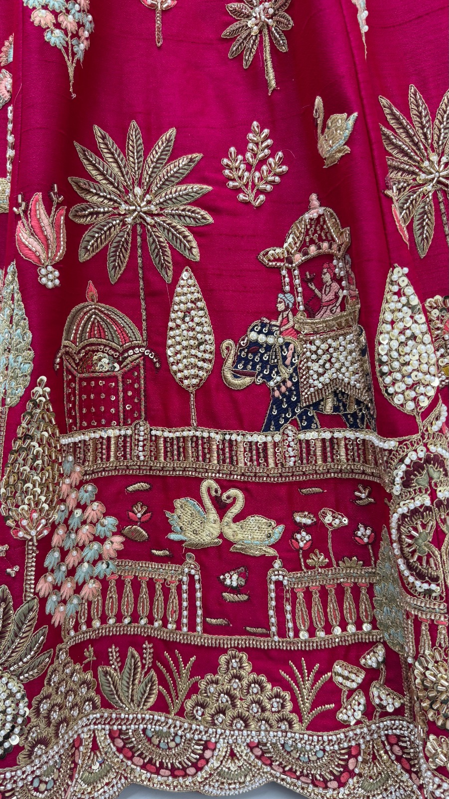 Rani-Pink Silk Ethnic Motif Handwork Golden Sequins-Thread Work Bridal Semi-Stitched Lehenga Choli