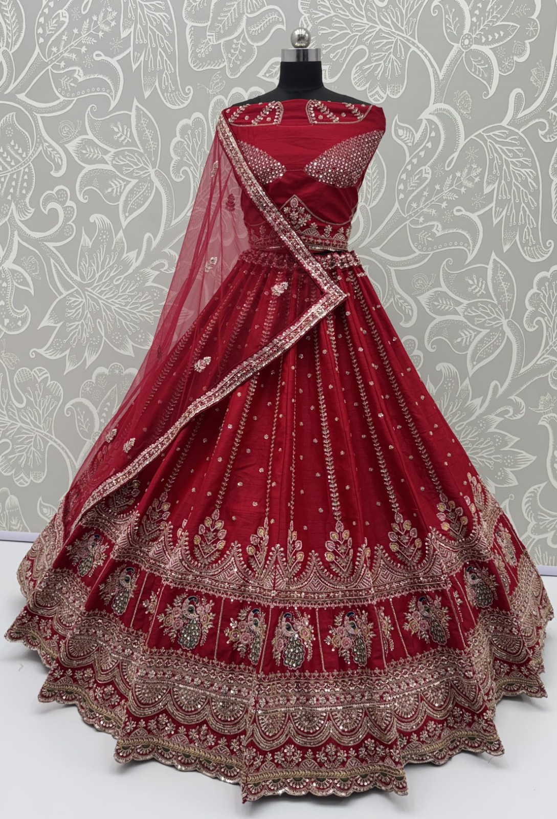 Pink Motif and Crystal Beads Work Bridal Lehenga Choli