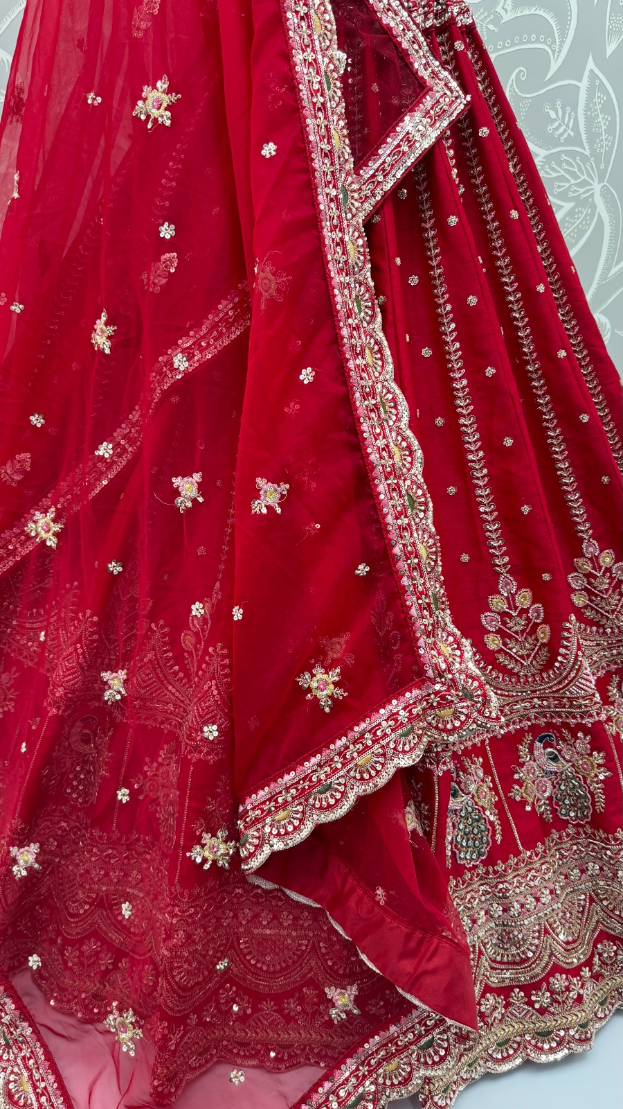 Pink Motif and Crystal Beads Work Bridal Lehenga Choli