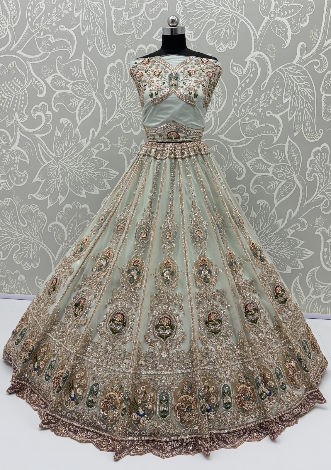 Pastel Green Net Golden Beads ,Multi-color Thread, Sequin Handwork Semi-Stitched Lehenga Choli