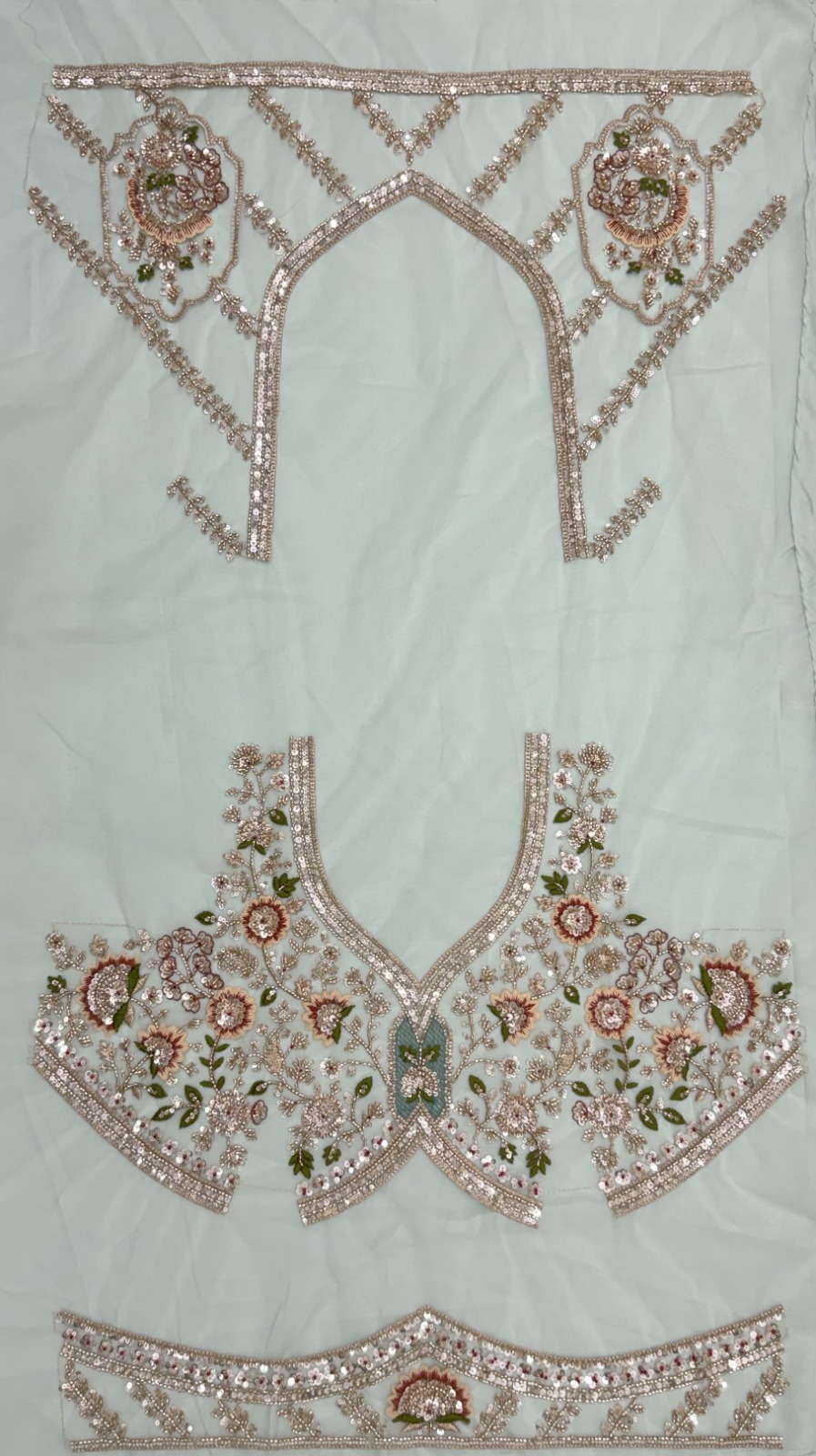 Pastel Green Net Golden Beads ,Multi-color Thread, Sequin Handwork Semi-Stitched Lehenga Choli
