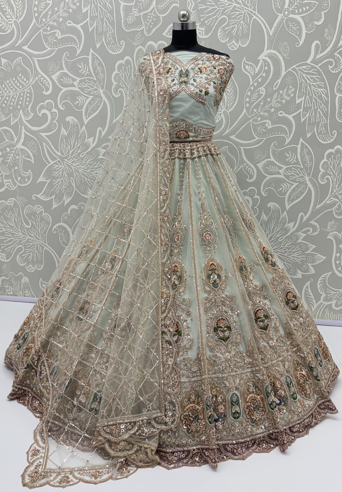 Pastel Green Net Golden Beads ,Multi-color Thread, Sequin Handwork Semi-Stitched Lehenga Choli