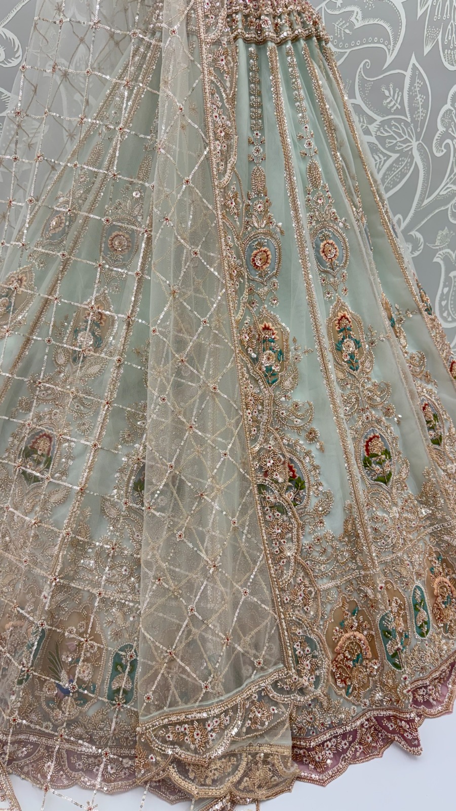 Pastel Green Net Golden Beads ,Multi-color Thread, Sequin Handwork Semi-Stitched Lehenga Choli