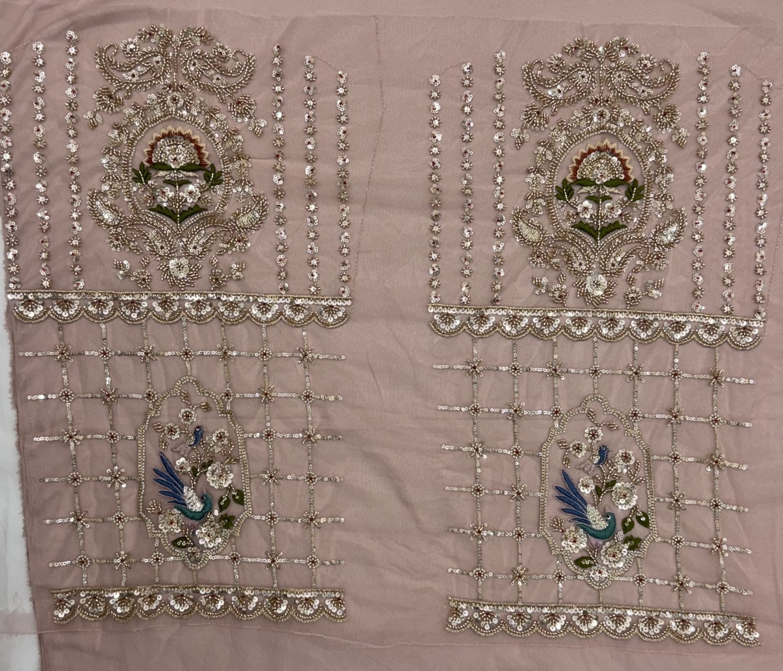 Light Pink Net Golden Beads ,Multi-color Thread, Sequin Handwork Semi-Stitched Lehenga Choli