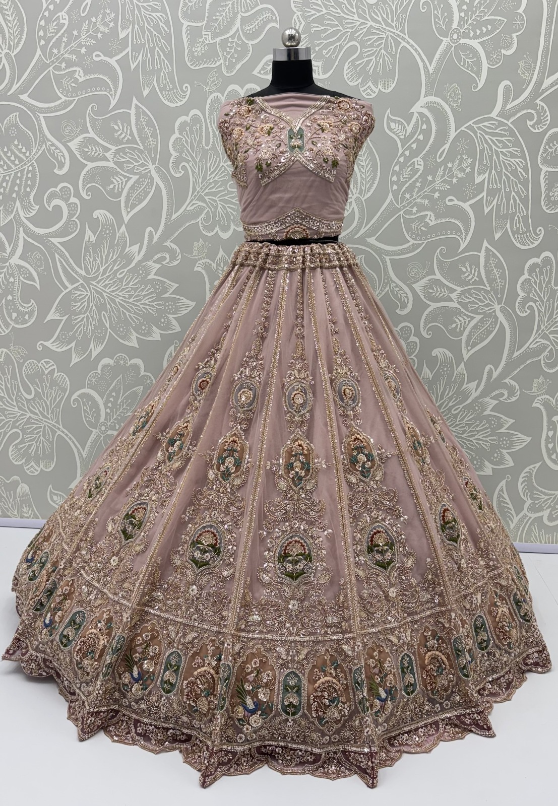 Light Pink Net Golden Beads ,Multi-color Thread, Sequin Handwork Semi-Stitched Lehenga Choli