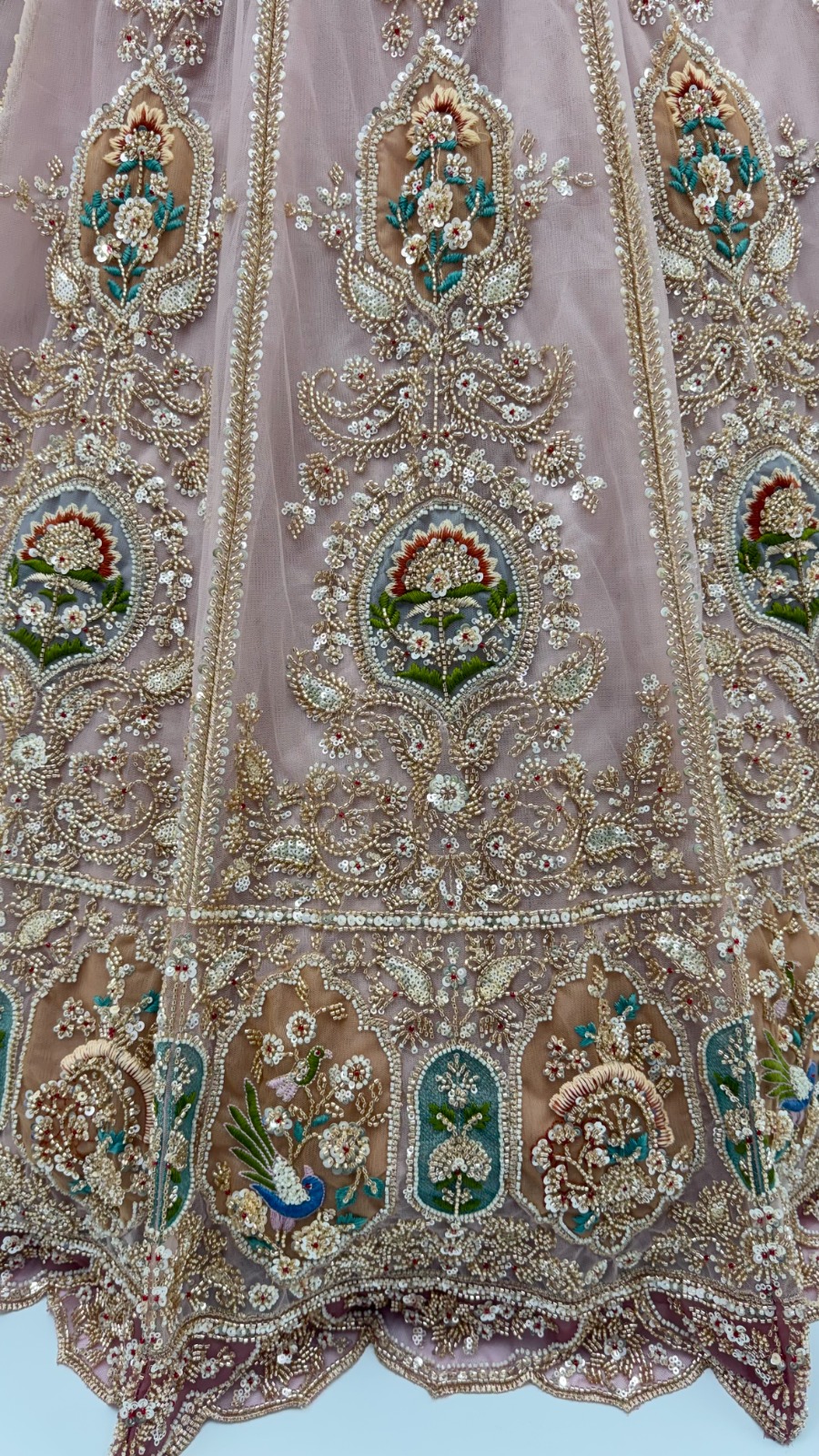Light Pink Net Golden Beads ,Multi-color Thread, Sequin Handwork Semi-Stitched Lehenga Choli