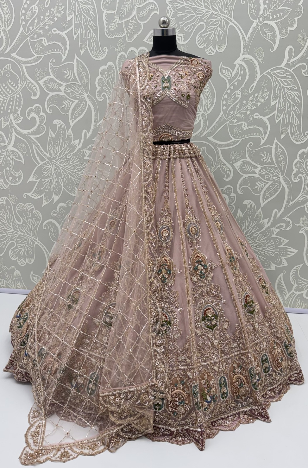 Light Pink Net Golden Beads ,Multi-color Thread, Sequin Handwork Semi-Stitched Lehenga Choli