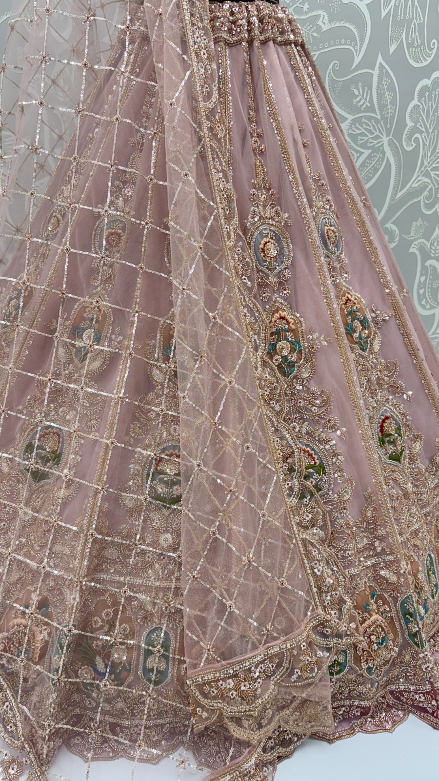 Light Pink Net Golden Beads ,Multi-color Thread, Sequin Handwork Semi-Stitched Lehenga Choli