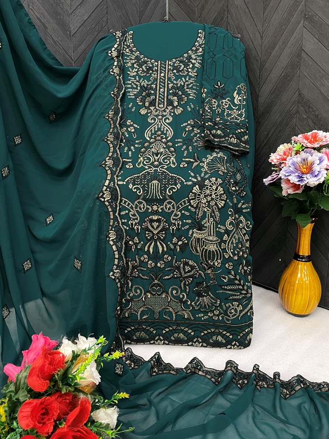 dark green Heavy Faux Georgette Embroidered Salwar Kameez