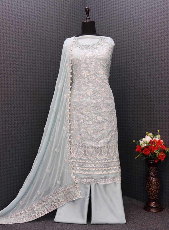 Faux Georgette Mehendi Sangeet Salwar Kameez in Blue with Sequence work