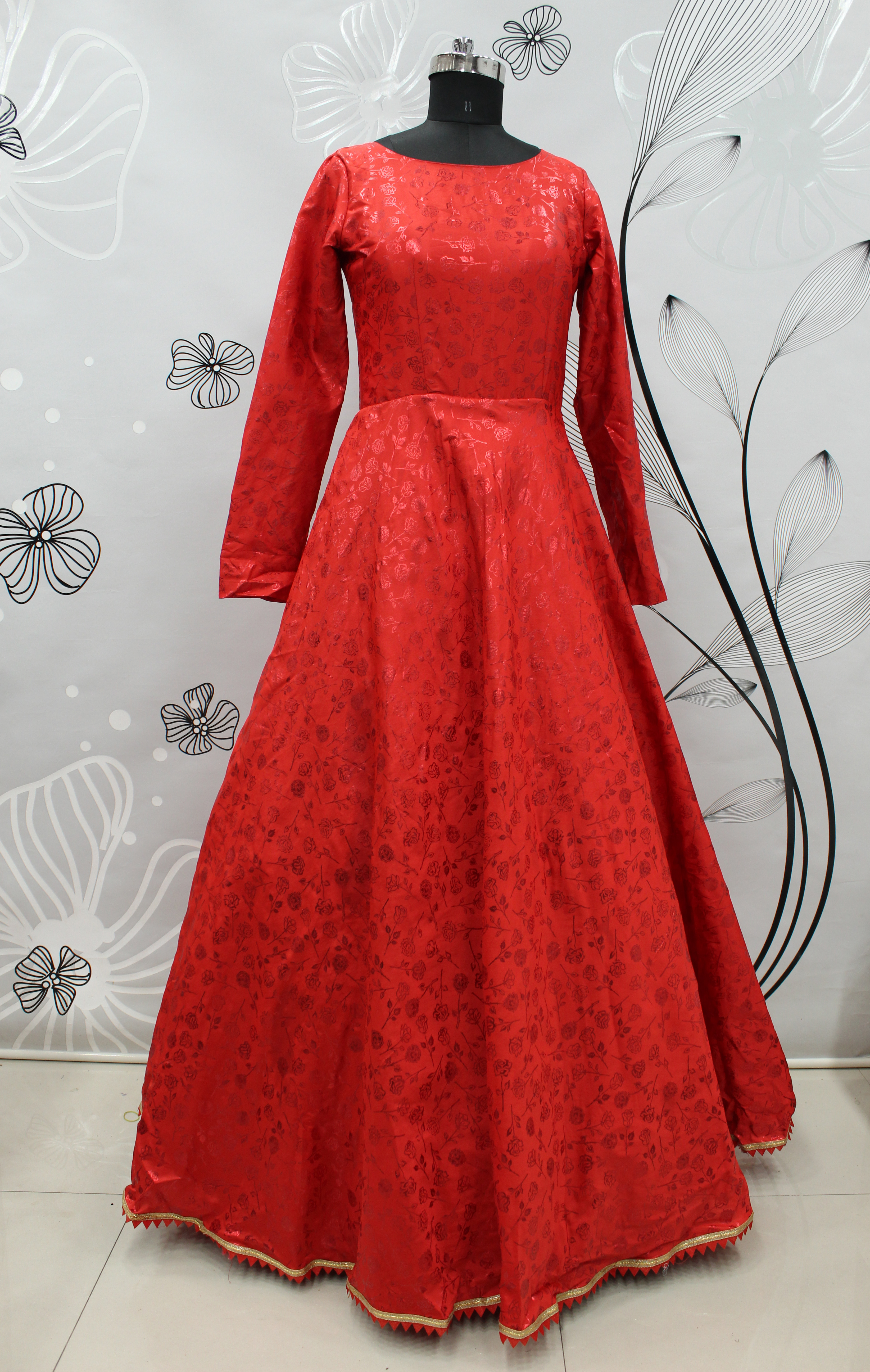 Cherry Red Foil Print Taffeta Gown