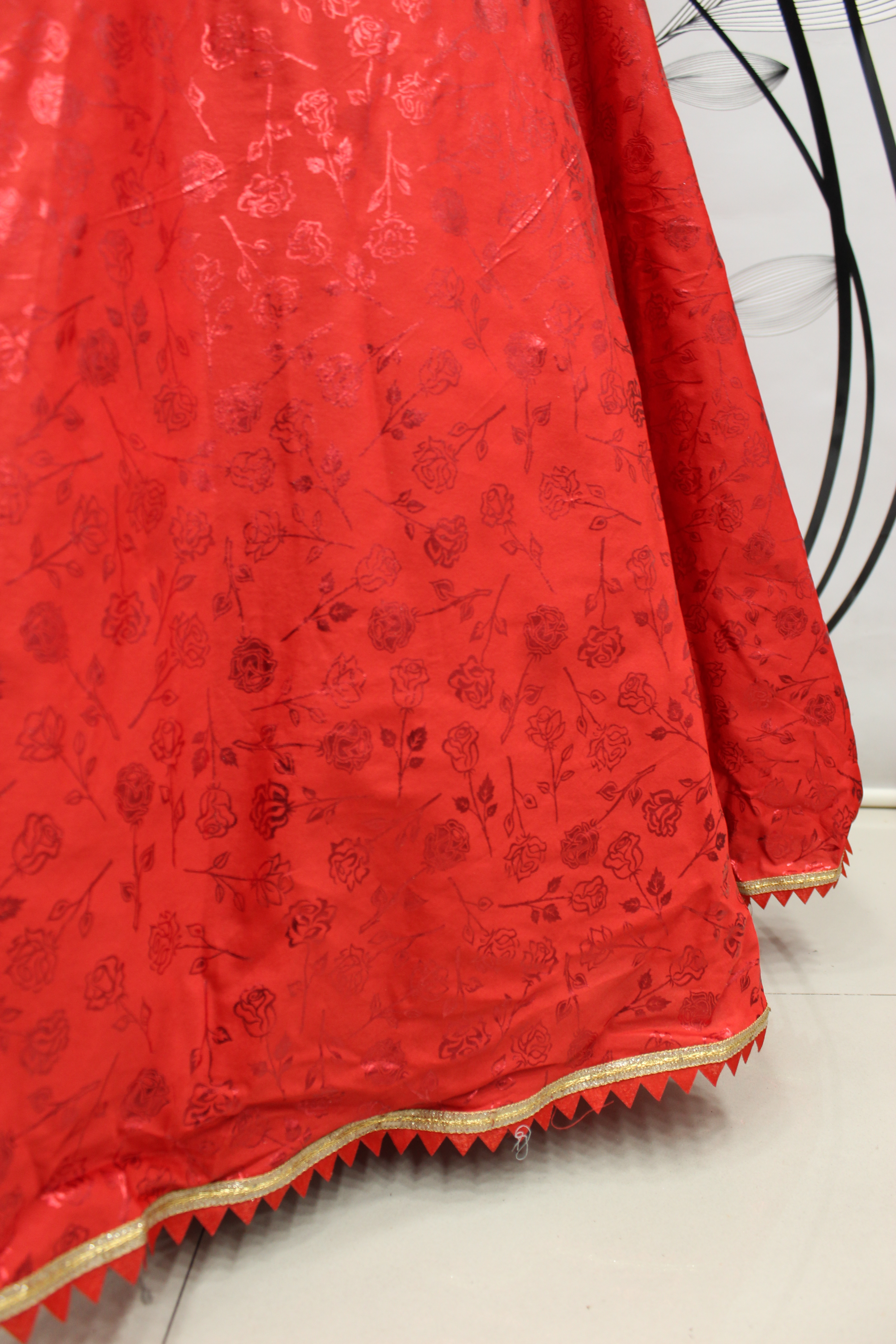 Cherry Red Foil Print Taffeta Gown