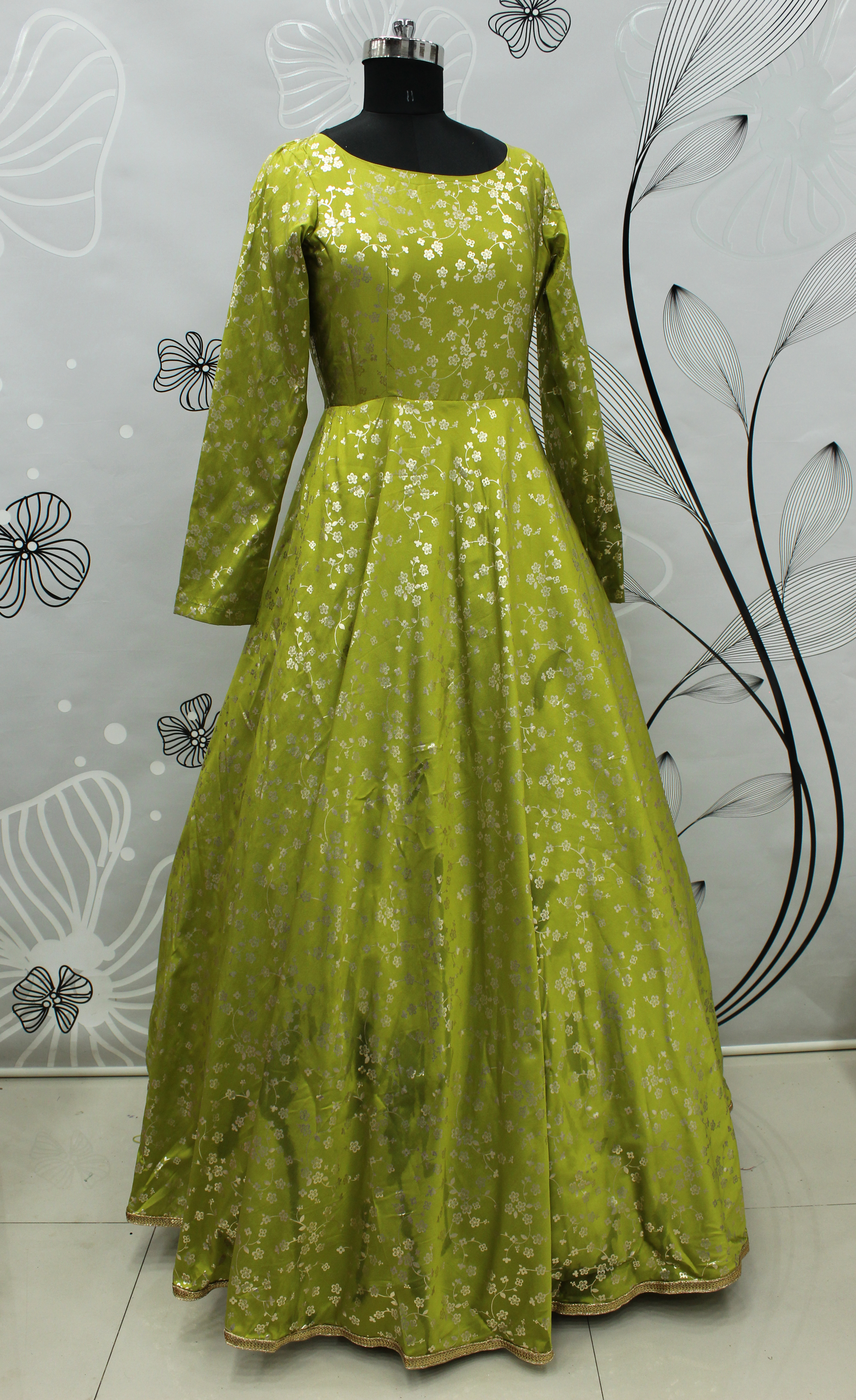 Green Colour Exclusive Occasion Wear Taffeta Metalic Foil Work Ladies Latest Designer Gown Collection