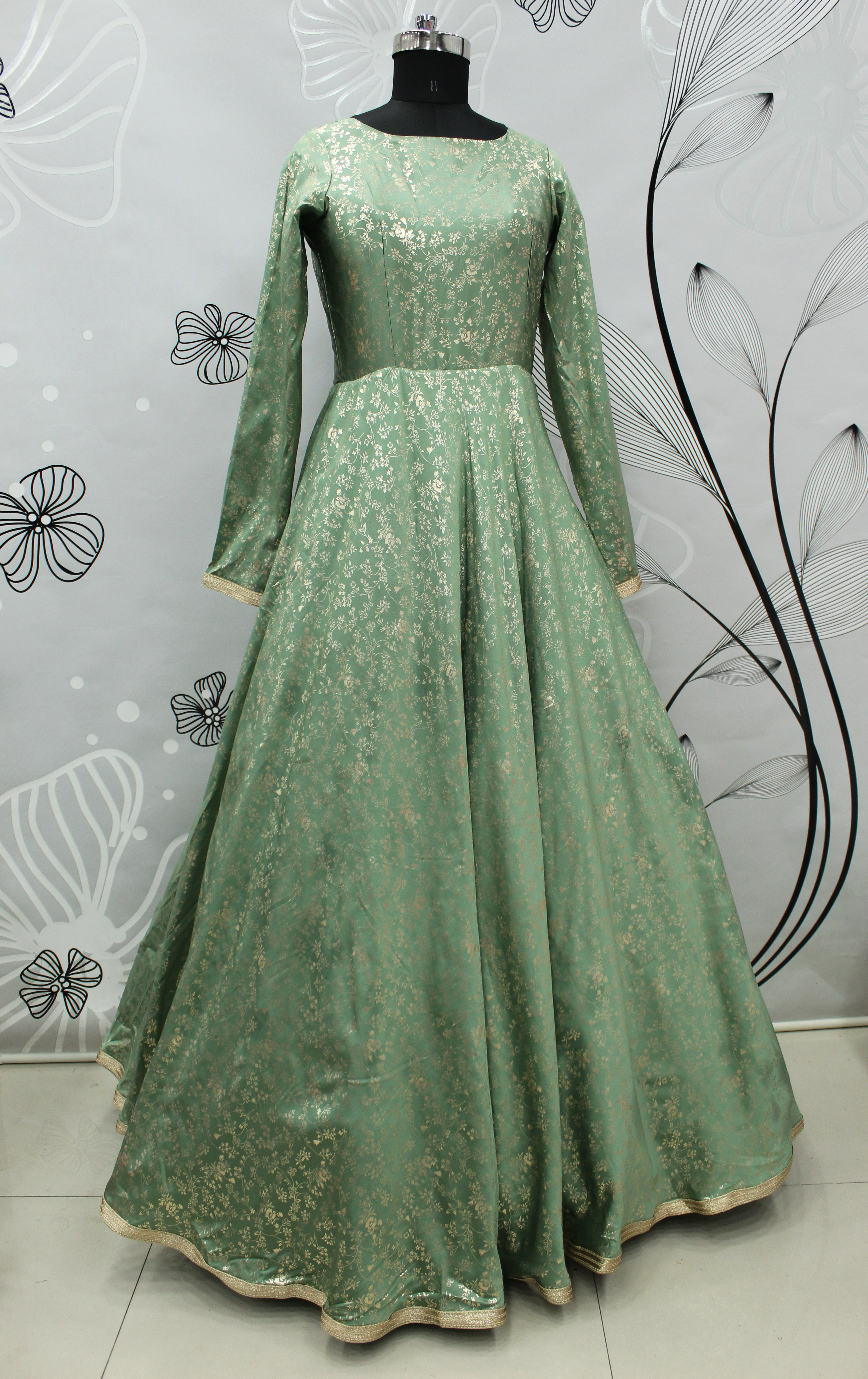 Pista Green Taffeta With Designer Foil Printed Gown