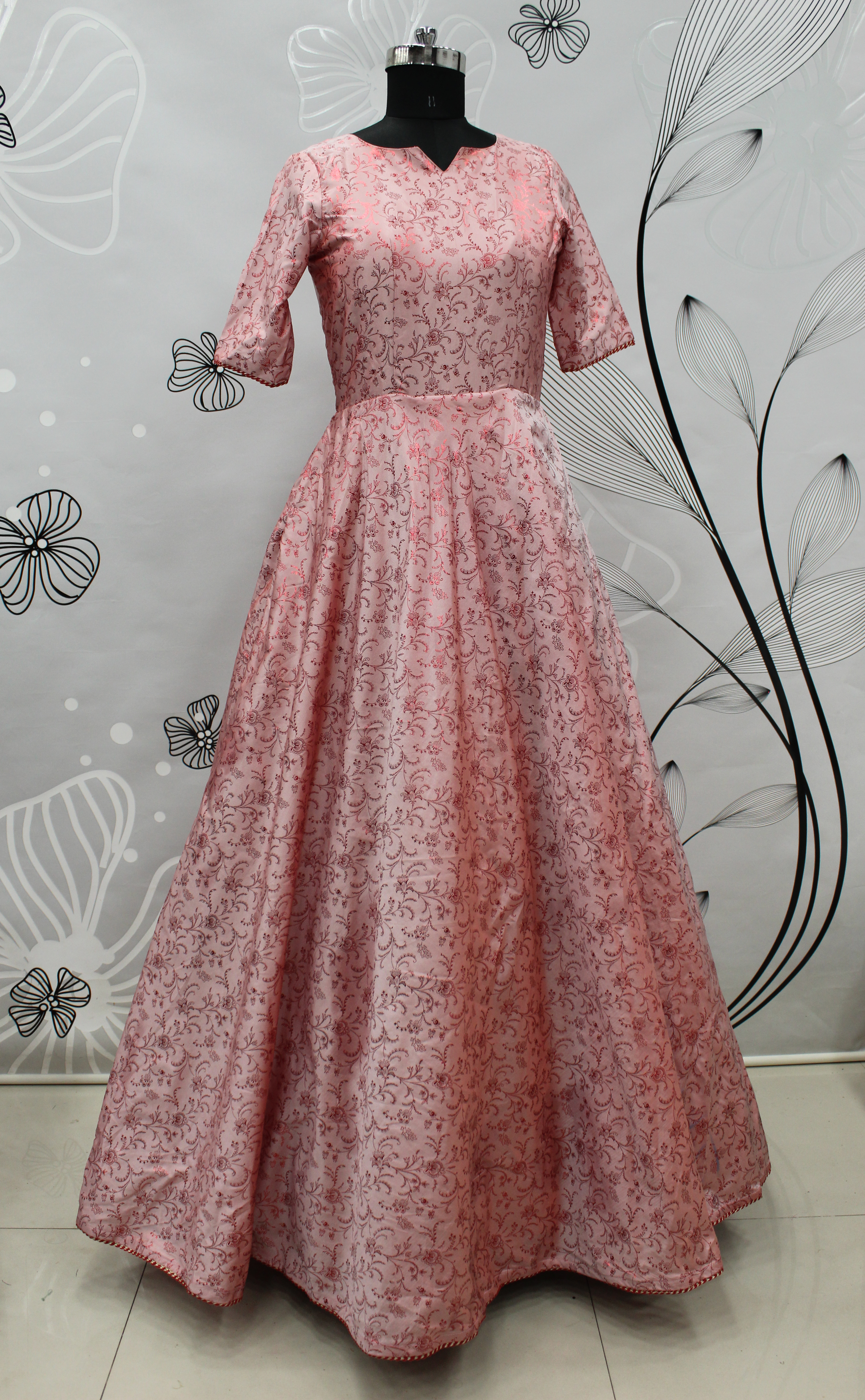Pink Metallic Foilage Taffeta Silk Evening Long Gown Semi stitched