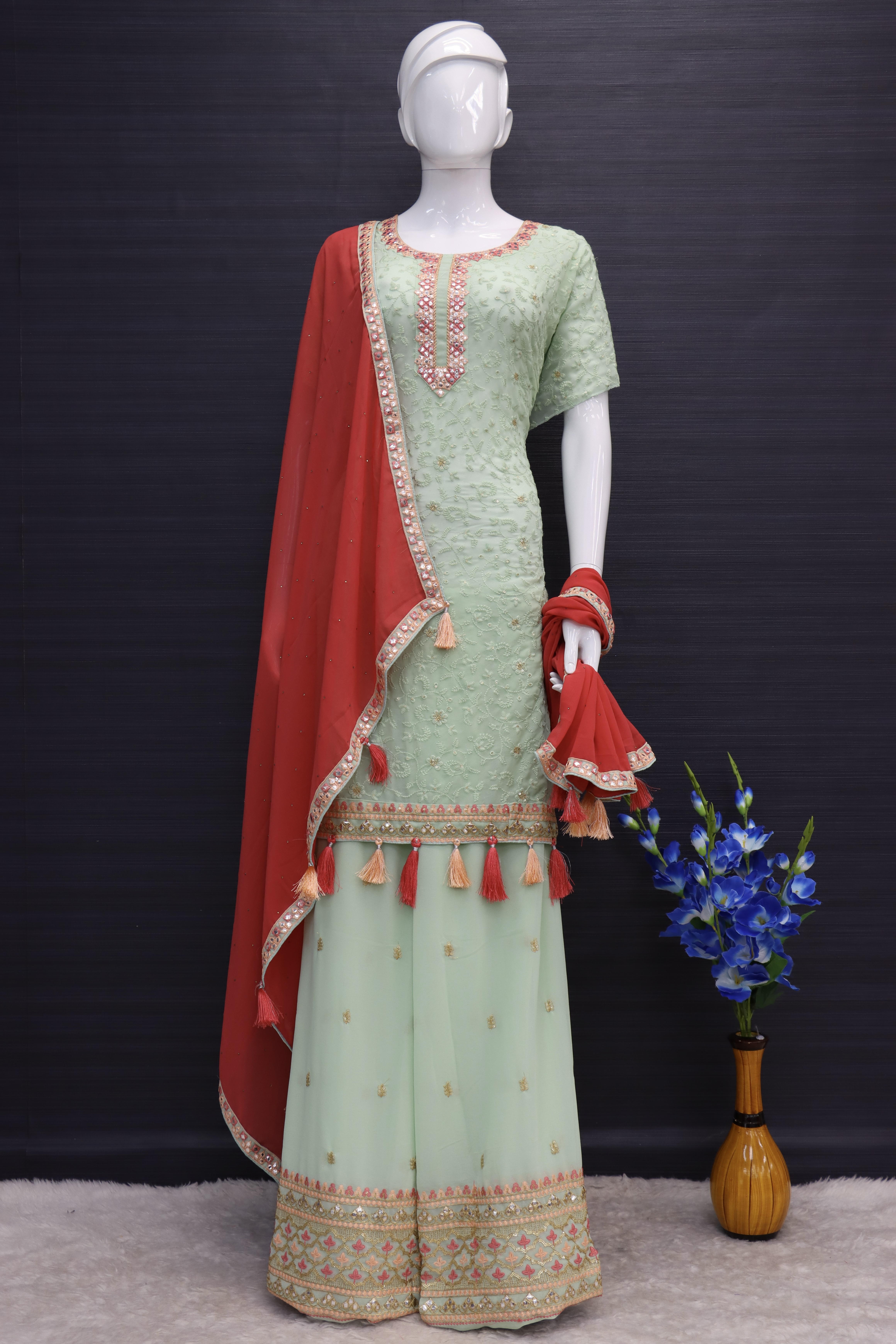 Pista colour Beautifully Embroidered Festive Palazzo Suit