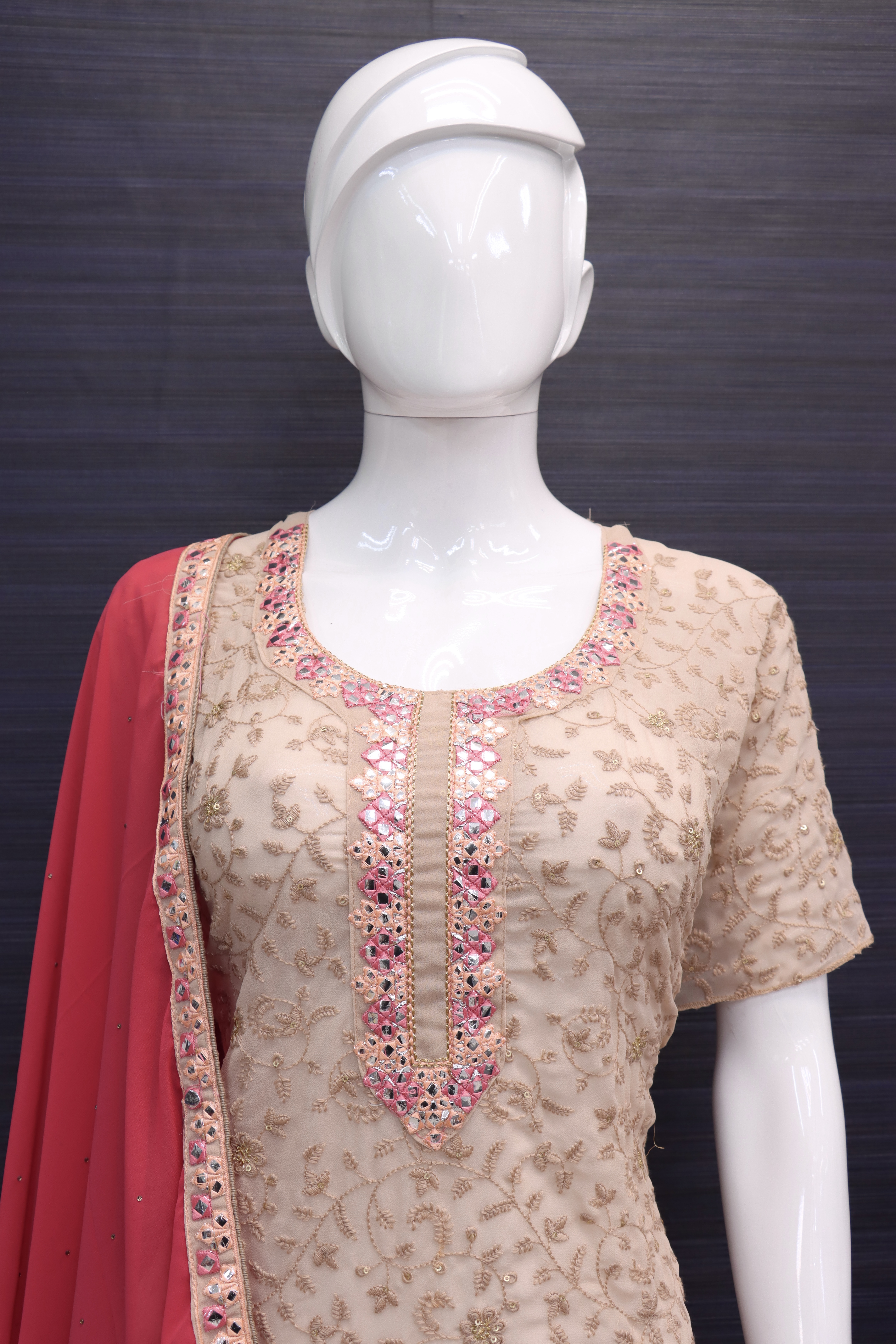 Beige Mauve Beautifully Embroidered Festive Palazzo Suit
