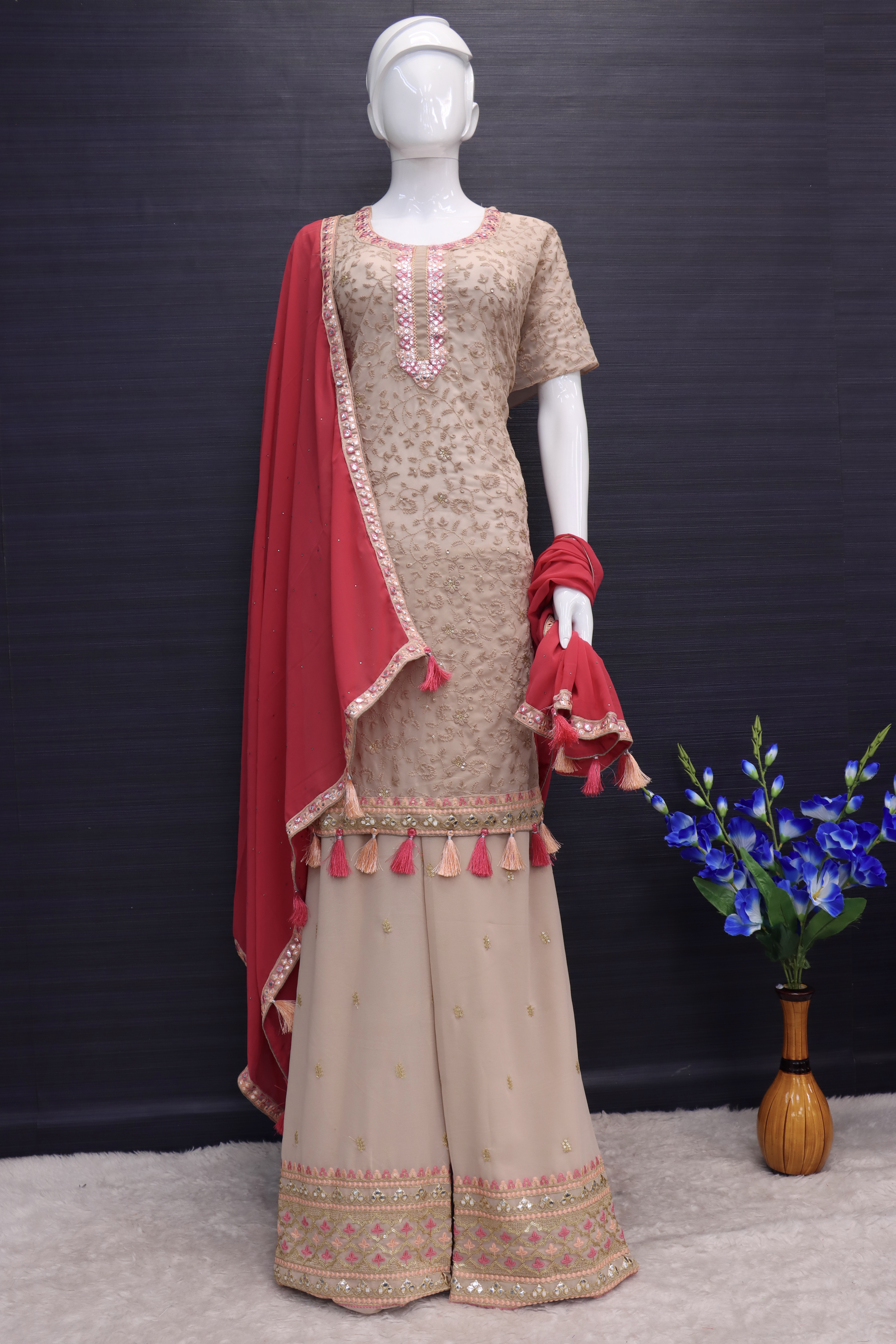 Beige Mauve Beautifully Embroidered Festive Palazzo Suit