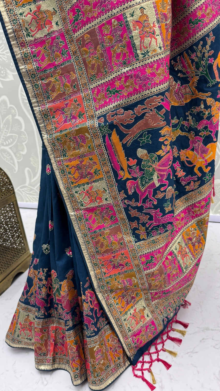 Marvelous Navy Blue Zari Work Pashmina Silk Saree With Blouse