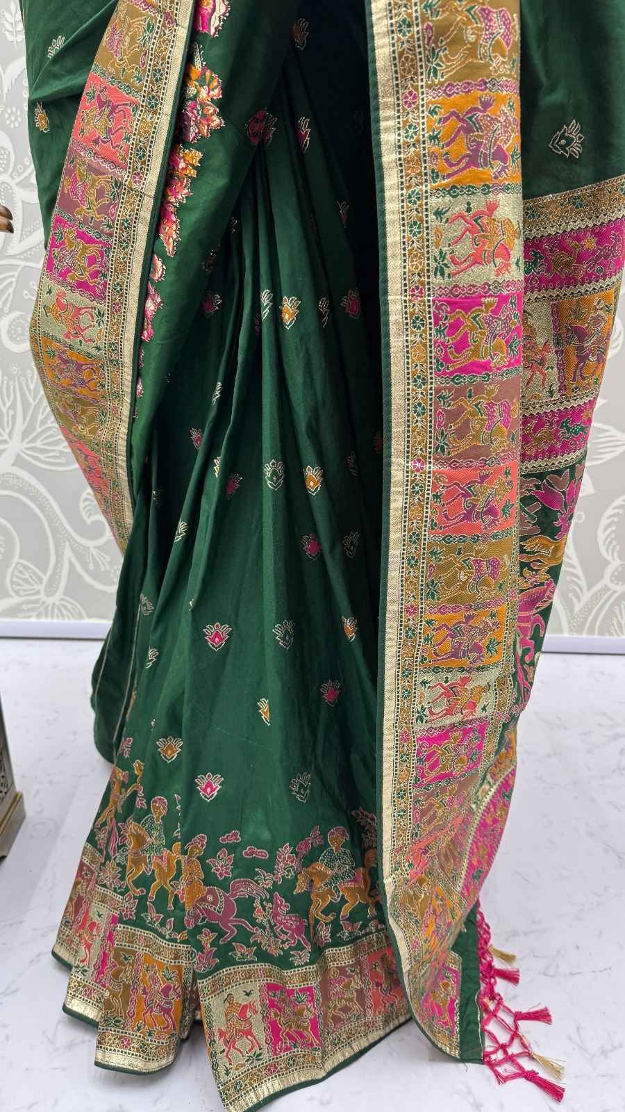 Astonishing Bottle Green Zari Work Pashmina Mehendi Wear Saree With Blouse