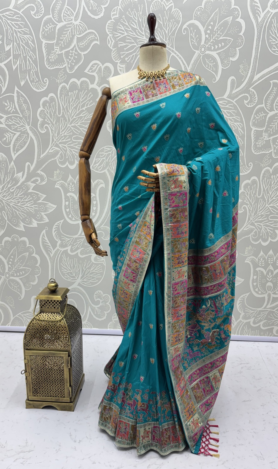 Lovely Teal Blue Zari Work Pashmina Reception Wear Saree With Blouse