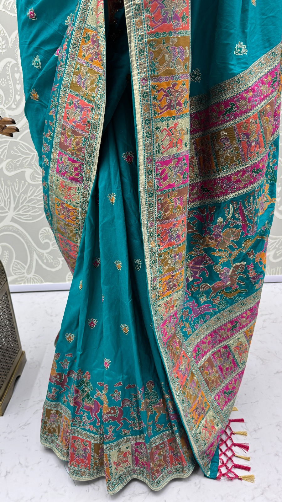Lovely Teal Blue Zari Work Pashmina Reception Wear Saree With Blouse