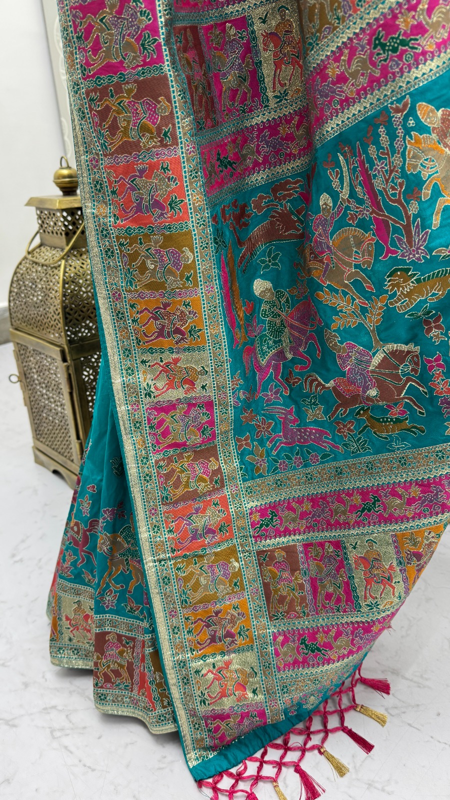 Lovely Teal Blue Zari Work Pashmina Reception Wear Saree With Blouse