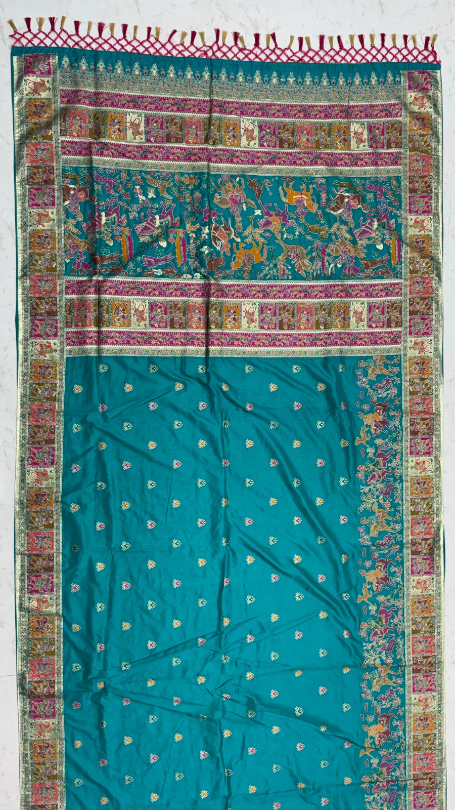 Lovely Teal Blue Zari Work Pashmina Reception Wear Saree With Blouse