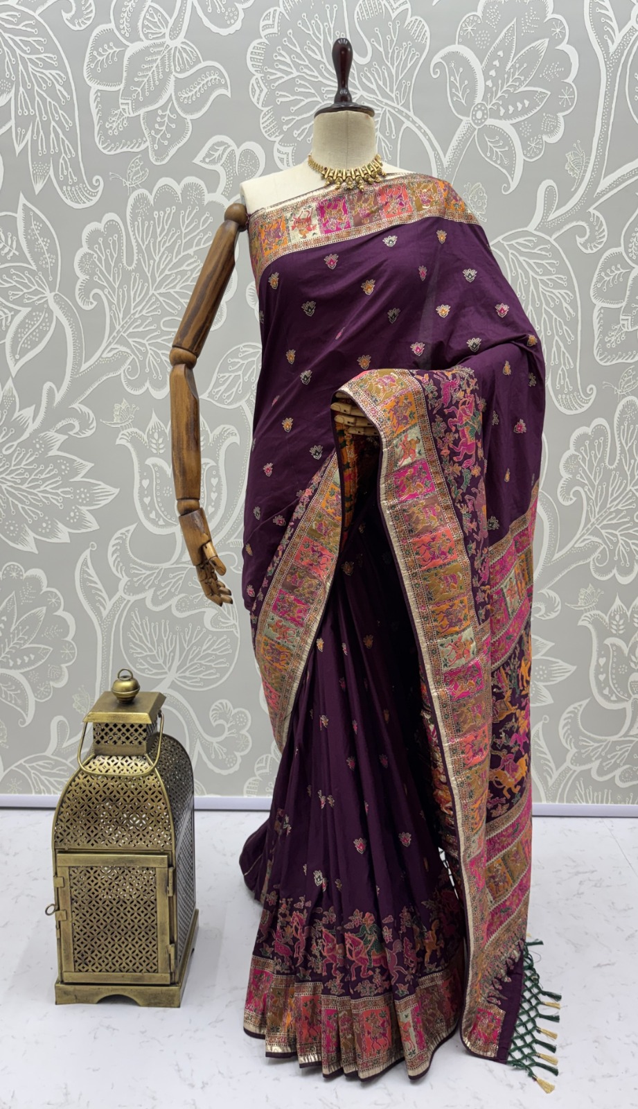 Superb Purple Zari Work Pashmina Wedding Wear Saree With Blouse