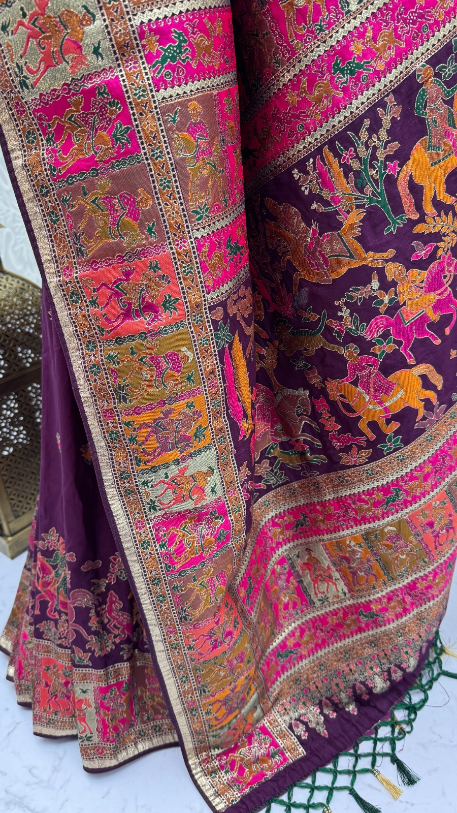 Superb Purple Zari Work Pashmina Wedding Wear Saree With Blouse