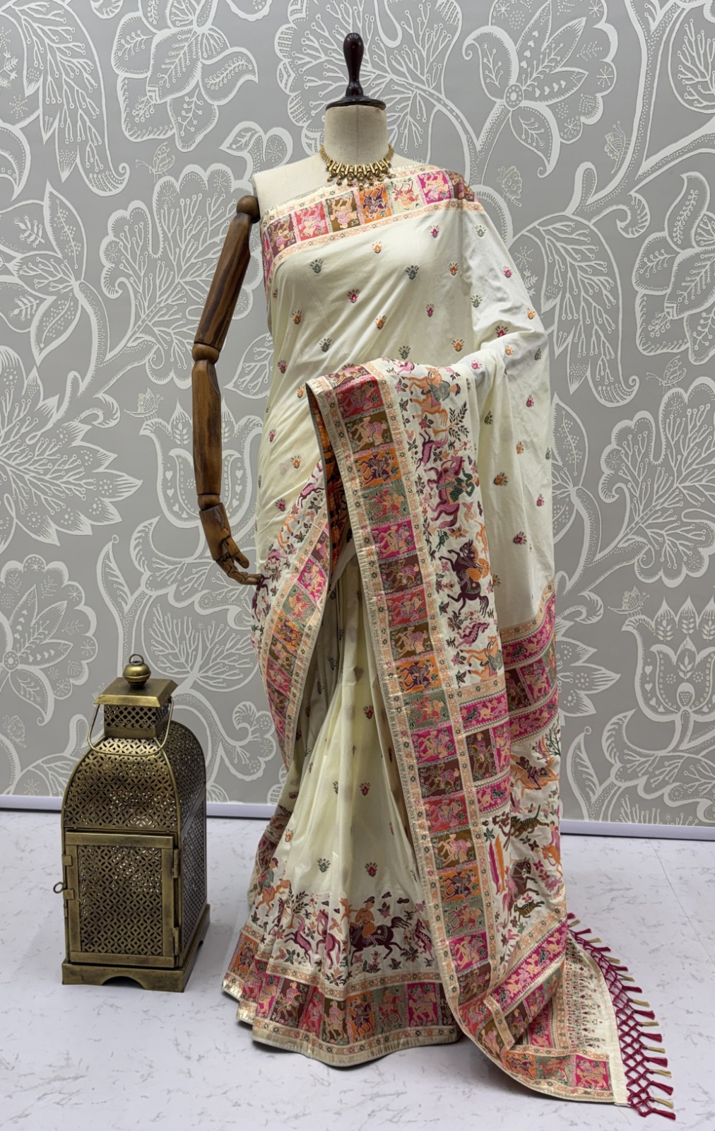 Excellent Cream Zari Work Pashmina Silk Festive Wear Saree With Blouse