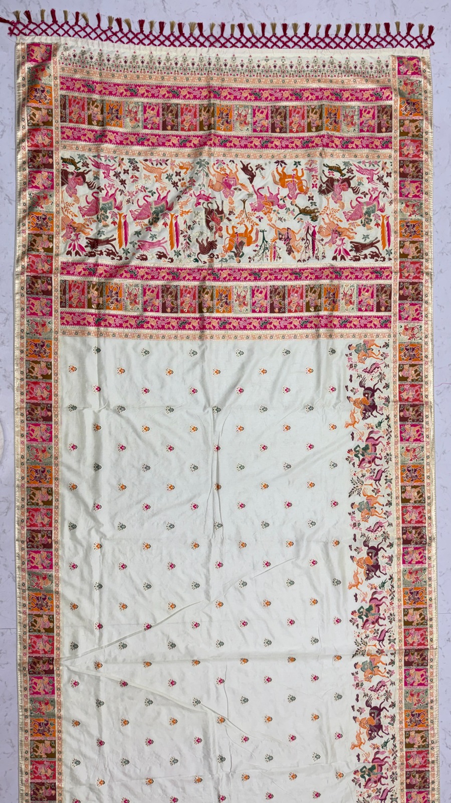 Excellent Cream Zari Work Pashmina Silk Festive Wear Saree With Blouse