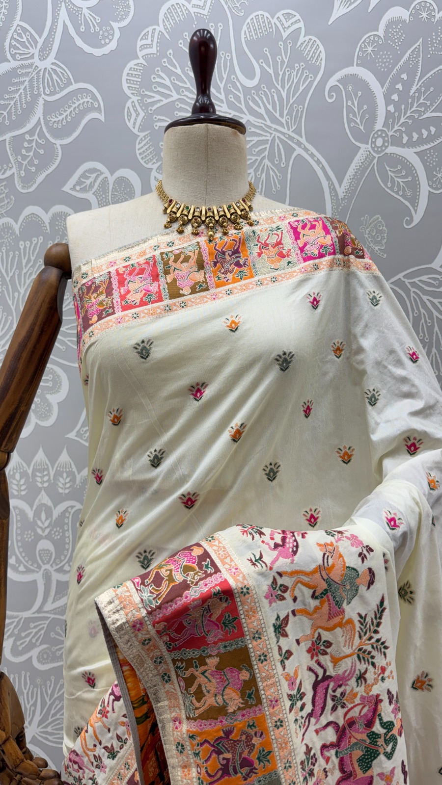 Excellent Cream Zari Work Pashmina Silk Festive Wear Saree With Blouse