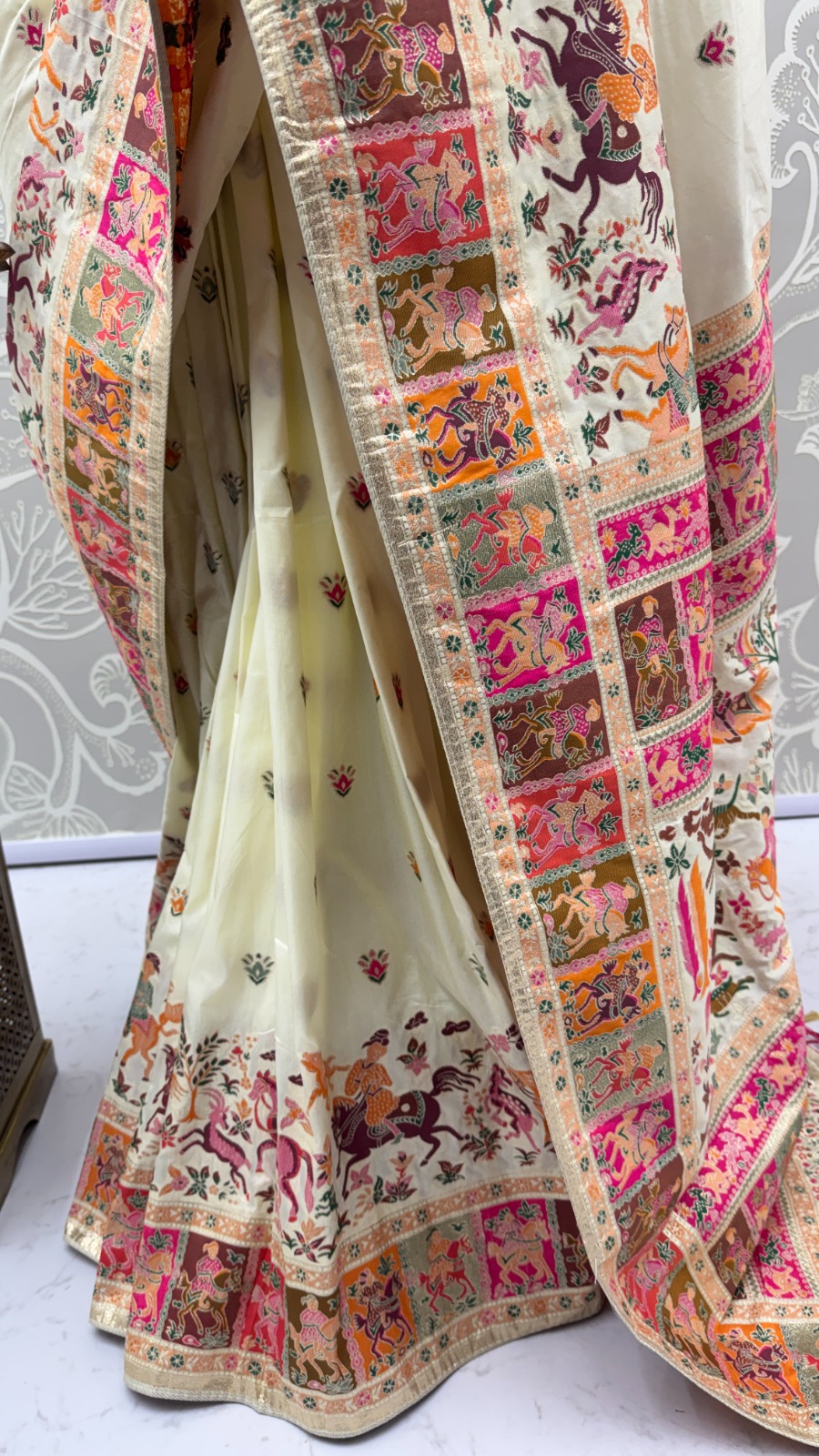 Excellent Cream Zari Work Pashmina Silk Festive Wear Saree With Blouse