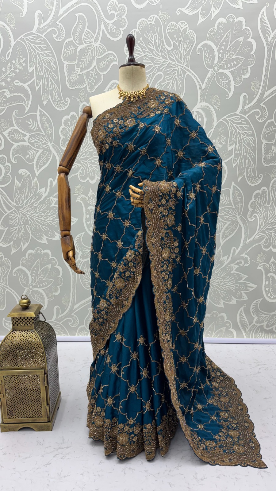 Prussian Blue Premium Satin Silk Wedding Designer Saree