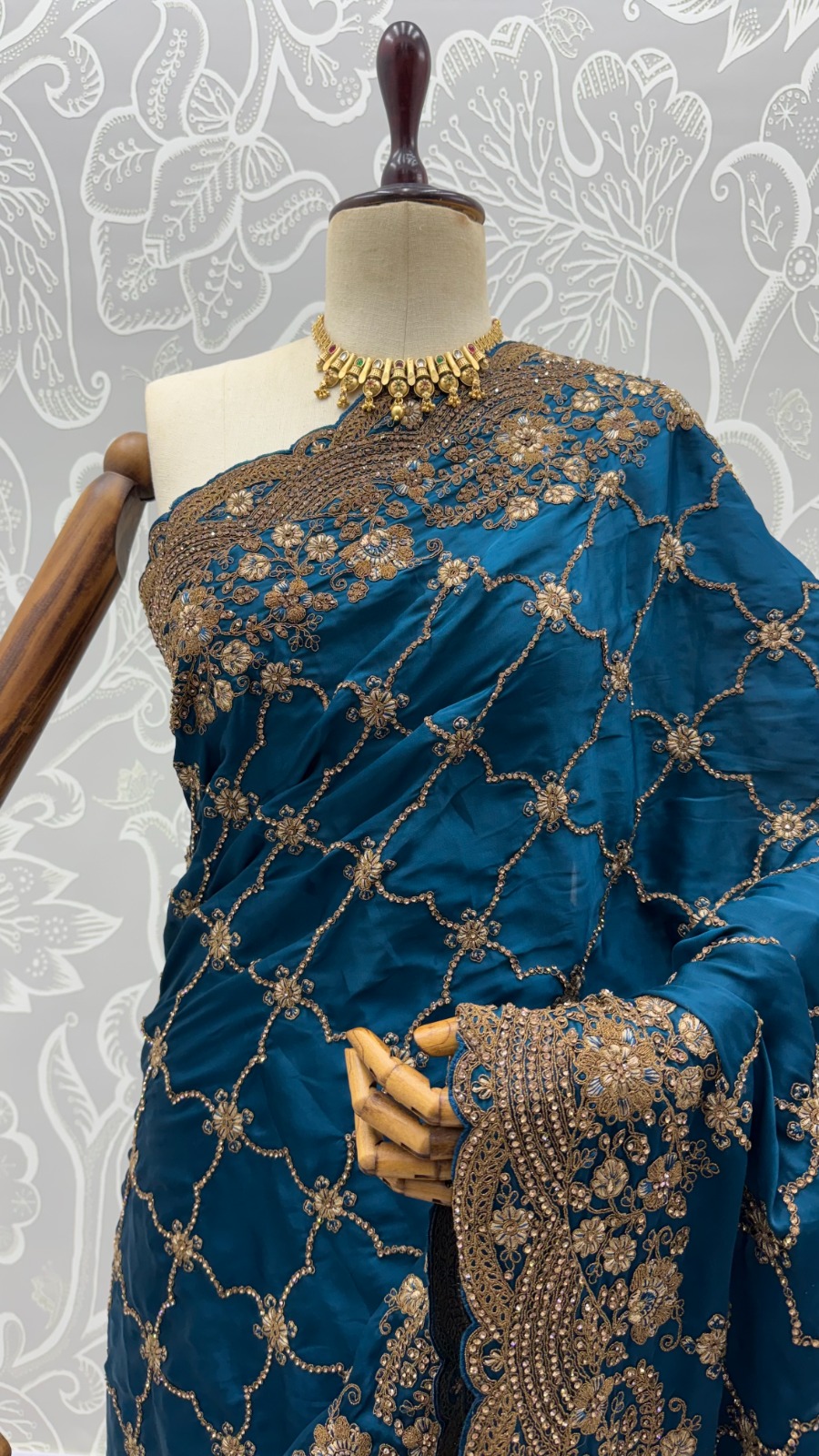 Prussian Blue Premium Satin Silk Wedding Designer Saree