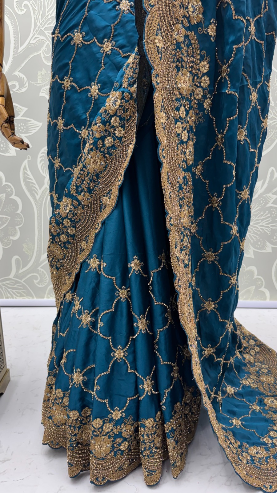 Prussian Blue Premium Satin Silk Wedding Designer Saree