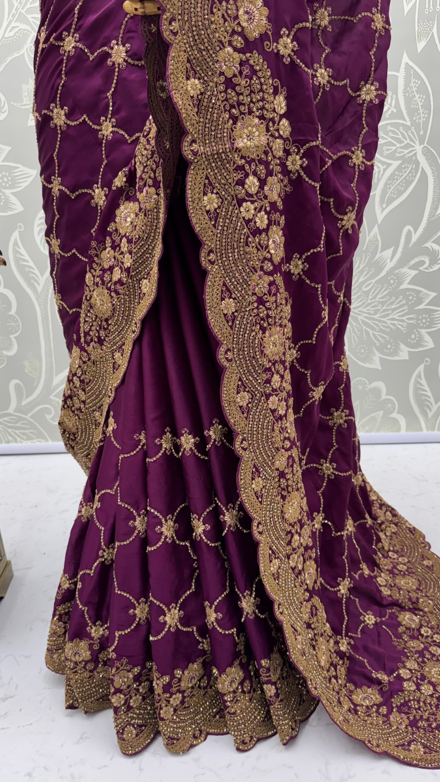 Plum Purple Premium Satin Silk Wedding Designer Saree