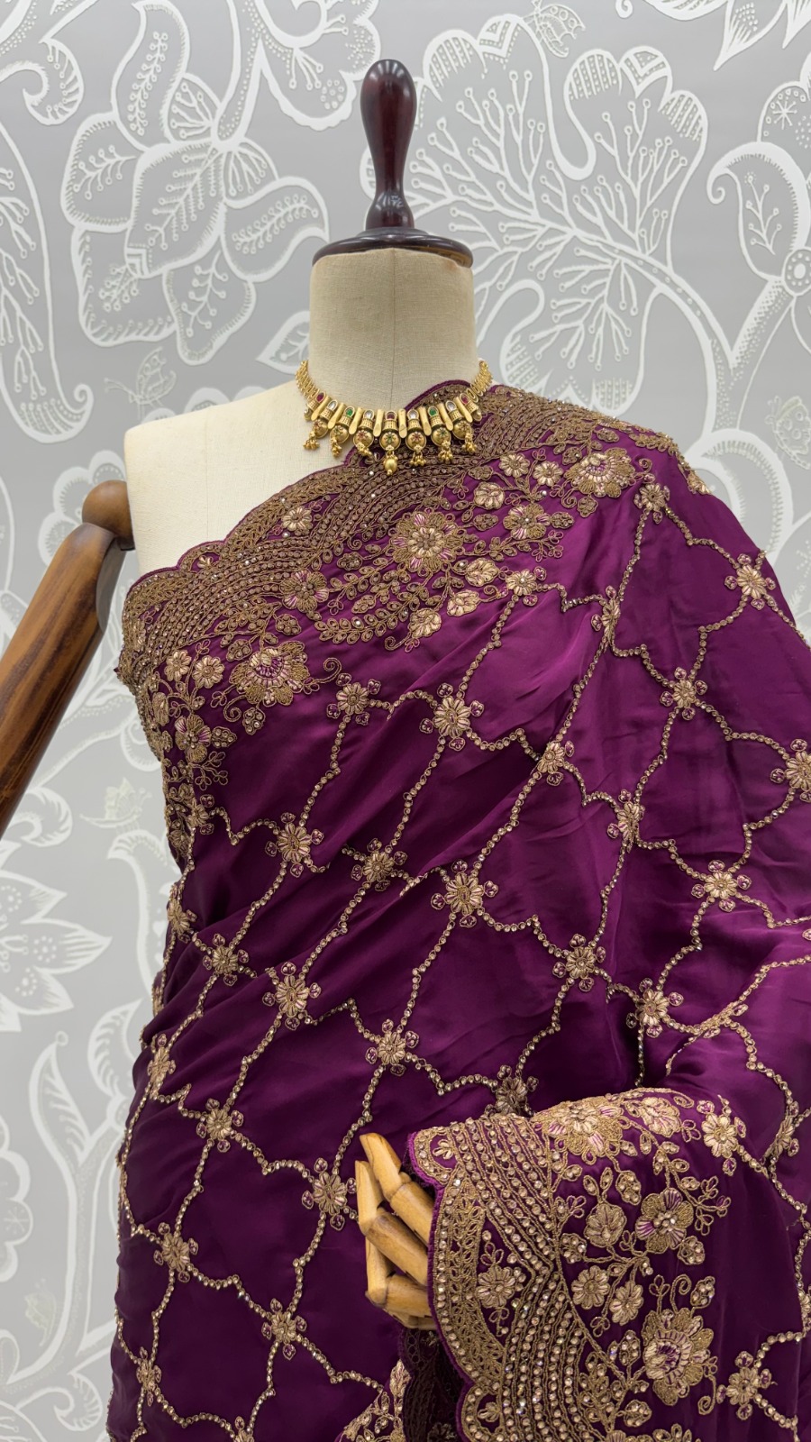 Plum Purple Premium Satin Silk Wedding Designer Saree