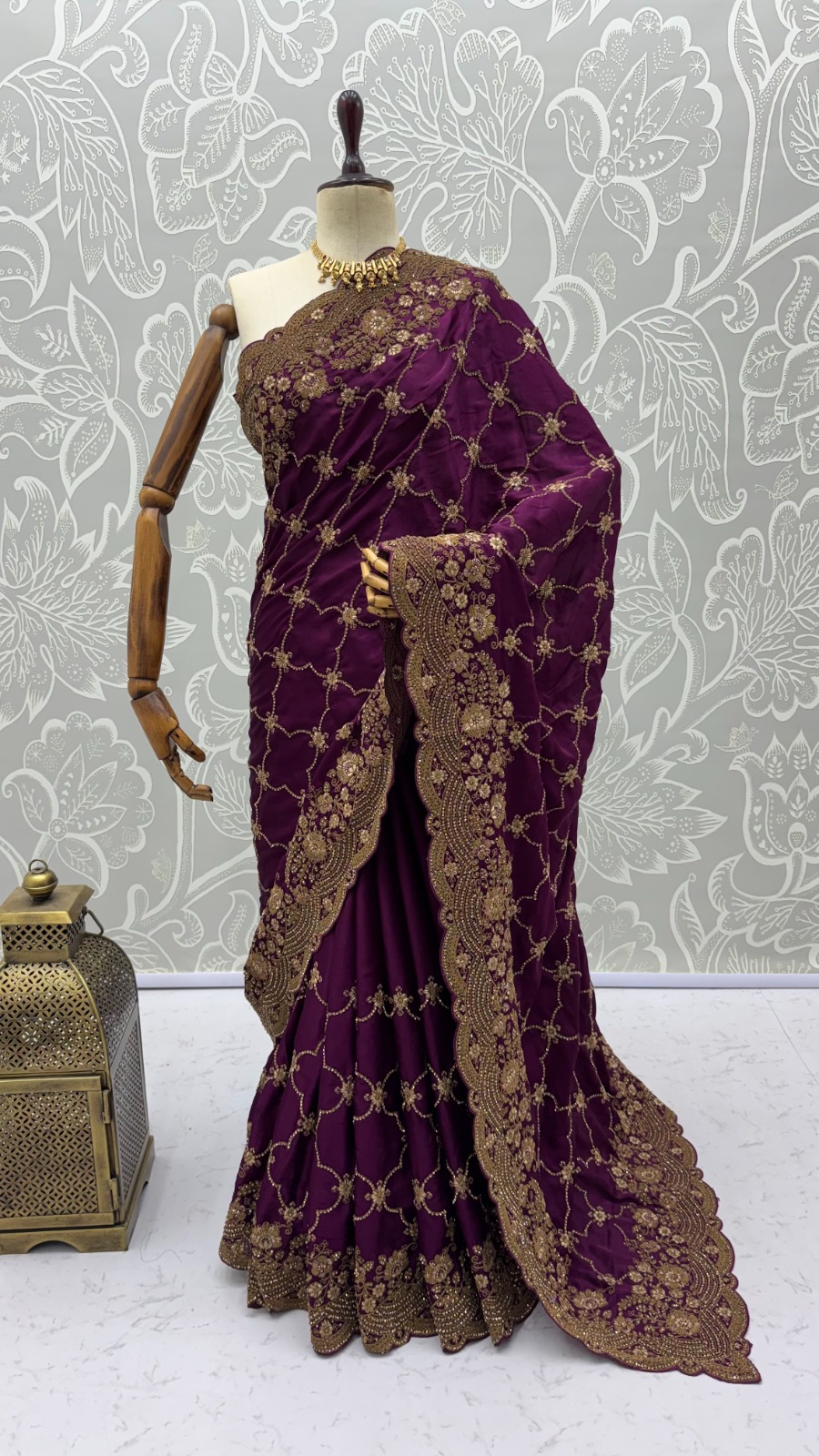 Plum Purple Premium Satin Silk Wedding Designer Saree