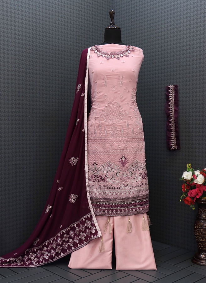 Georgette Fabric Embroidered Work Pink Sleeveless Kurta Sharara Set with Dupatta